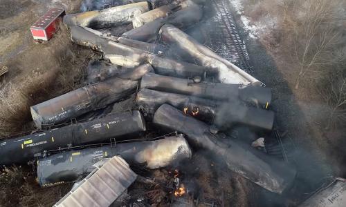 An aerial view of a derailed freight train in East Palestine, Ohio.