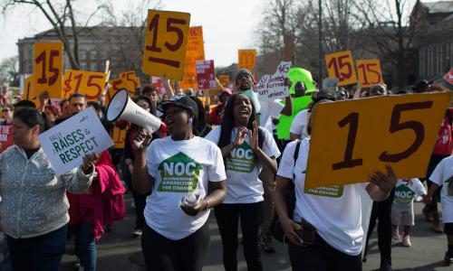 Food workers at a demonstration for a $15/hour wage