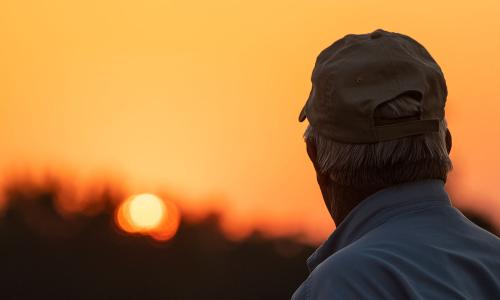 Farmer looking at sunset